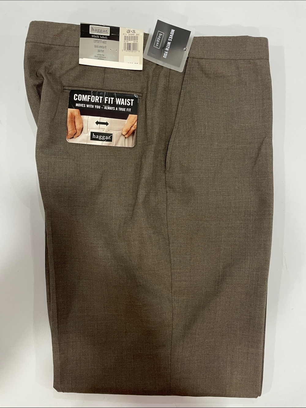 Men’s Haggar black label comfort fit waist flat front dresspants 42x29 new brown